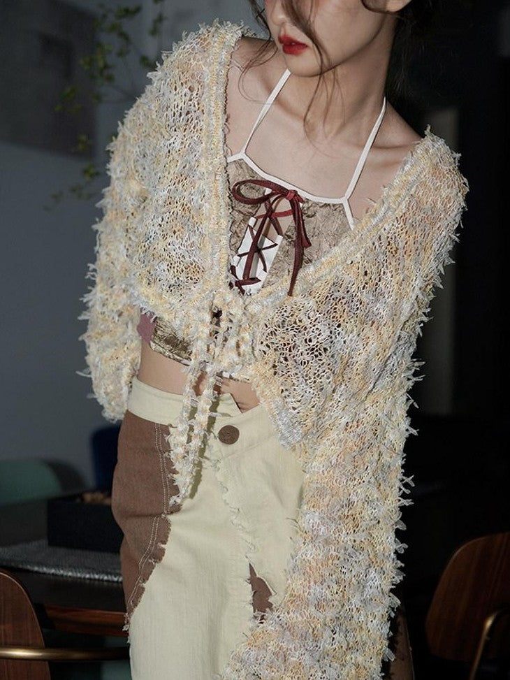 badtaste Western Openwork Tie Front Women's Special Yarn Cropped Knit Cardigans