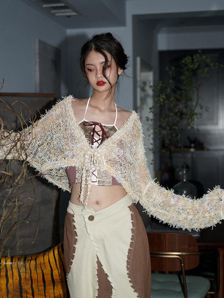 badtaste Western Openwork Tie Front Women's Special Yarn Cropped Knit Cardigans