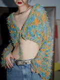 badtaste Western Openwork Tie Front Women's Special Yarn Cropped Knit Cardigans