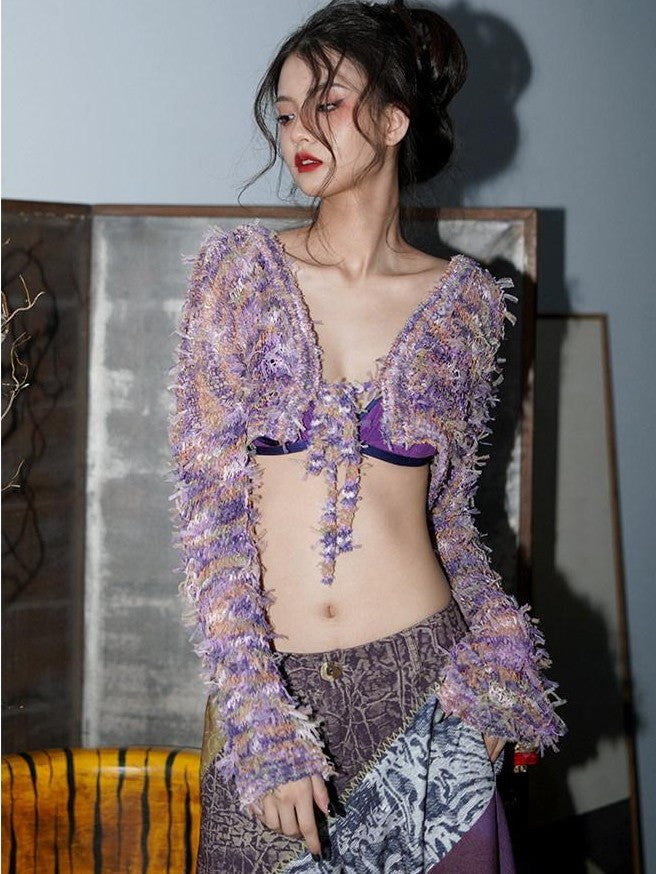 badtaste Western Openwork Tie Front Women's Special Yarn Cropped Knit Cardigans