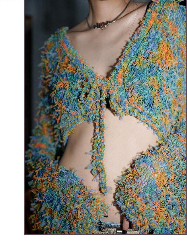 badtaste Western Openwork Tie Front Women's Special Yarn Cropped Knit Cardigans