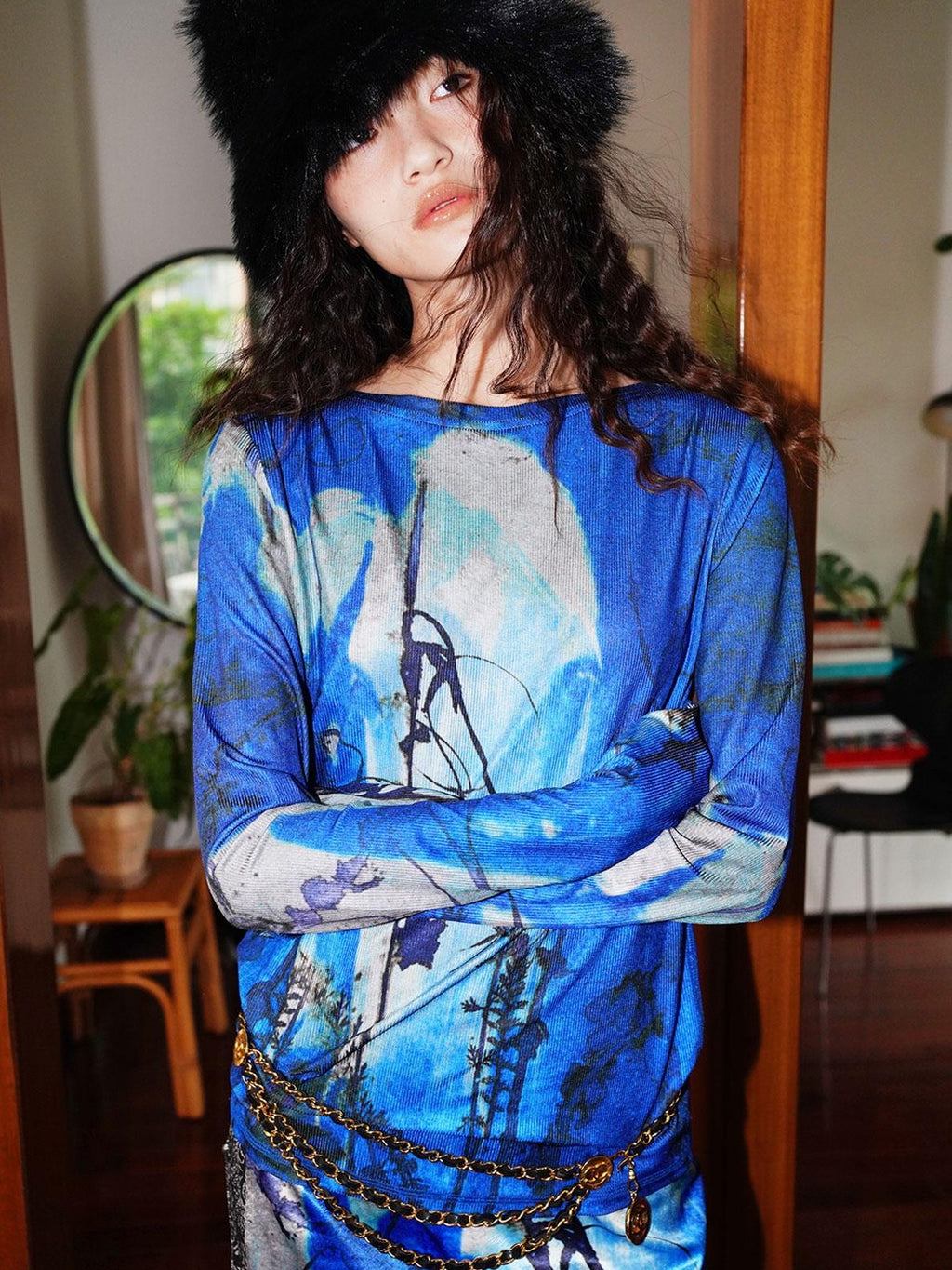 badtaste Western Original Print Loose Women's Round Neck Long Sleeve T-shirts