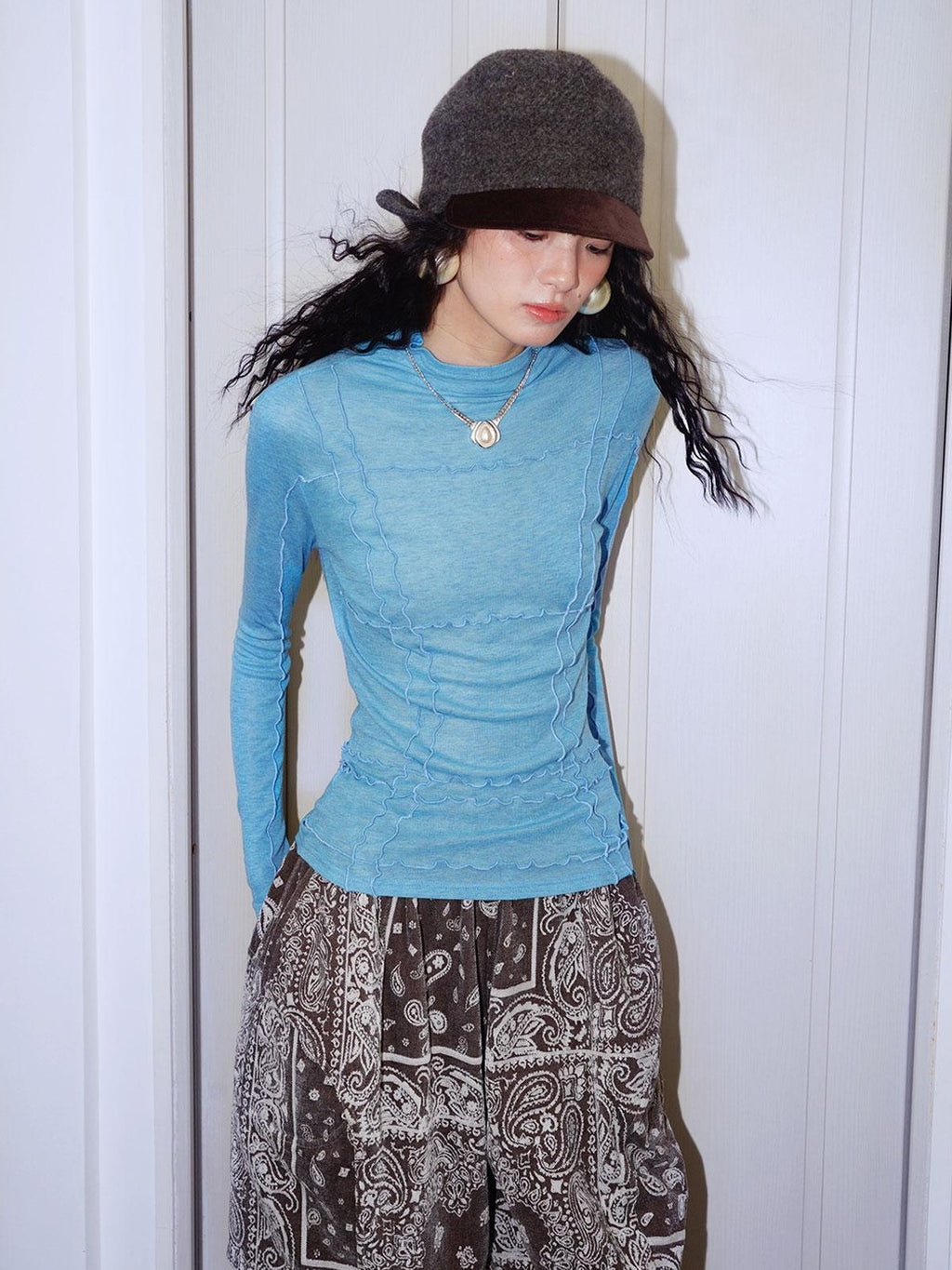 badtaste Western Paneled Knit Split Seam Design Women's Tencel Wool Long Sleeve T-shirts