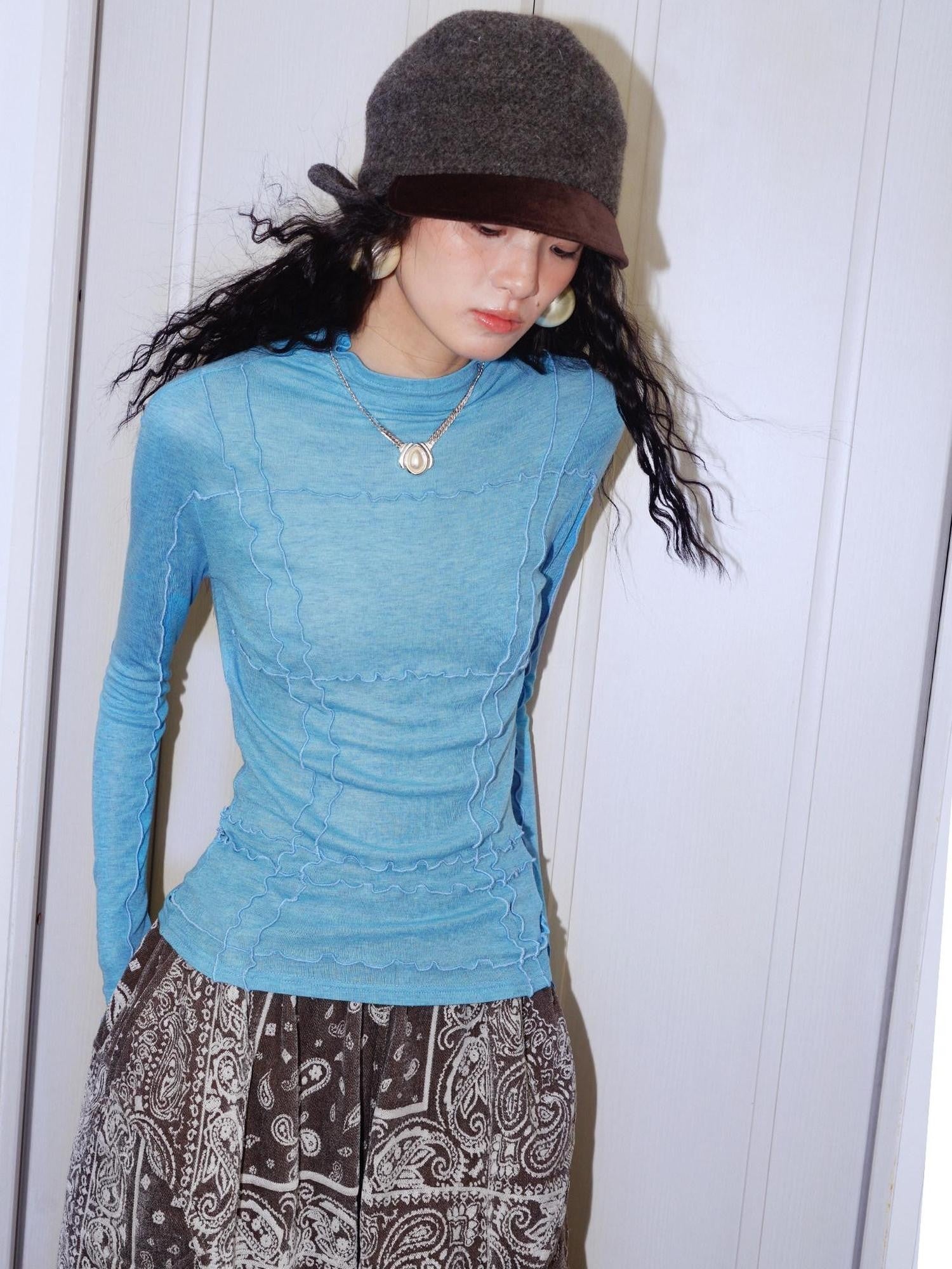 badtaste Western Paneled Knit Split Seam Design Women's Tencel Wool Long Sleeve T-shirts