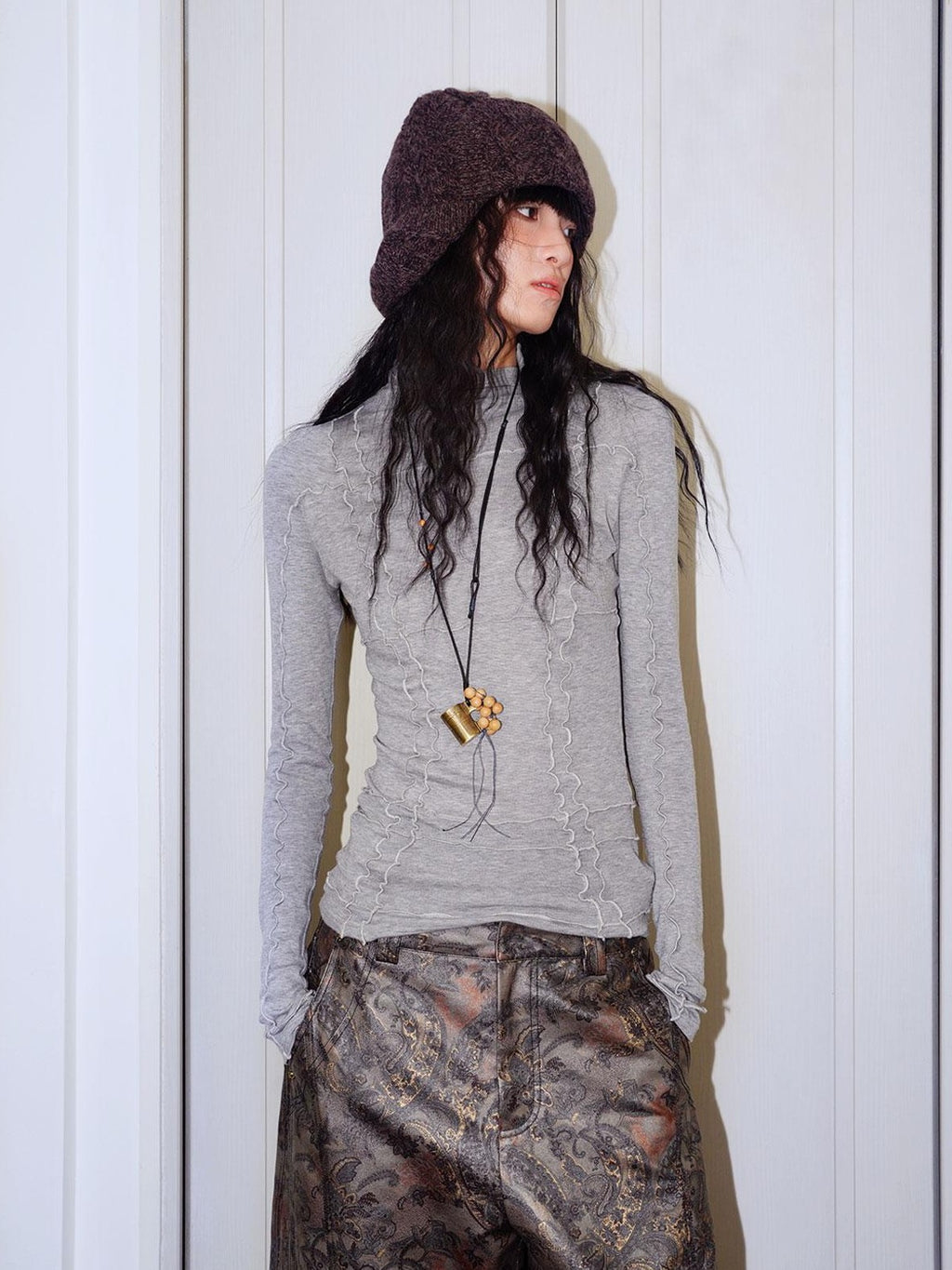 badtaste Western Paneled Knit Split Seam Design Women's Tencel Wool Long Sleeve T-shirts