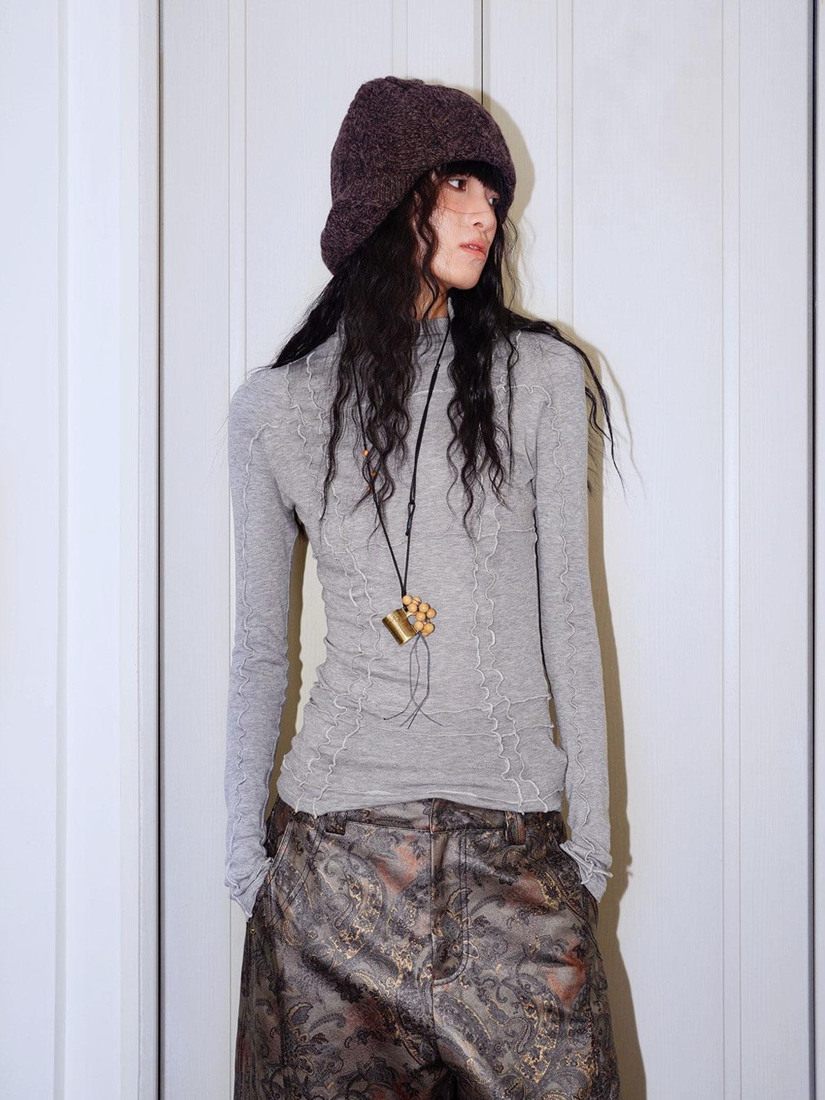 badtaste Western Paneled Knit Split Seam Design Women's Tencel Wool Long Sleeve T-shirts