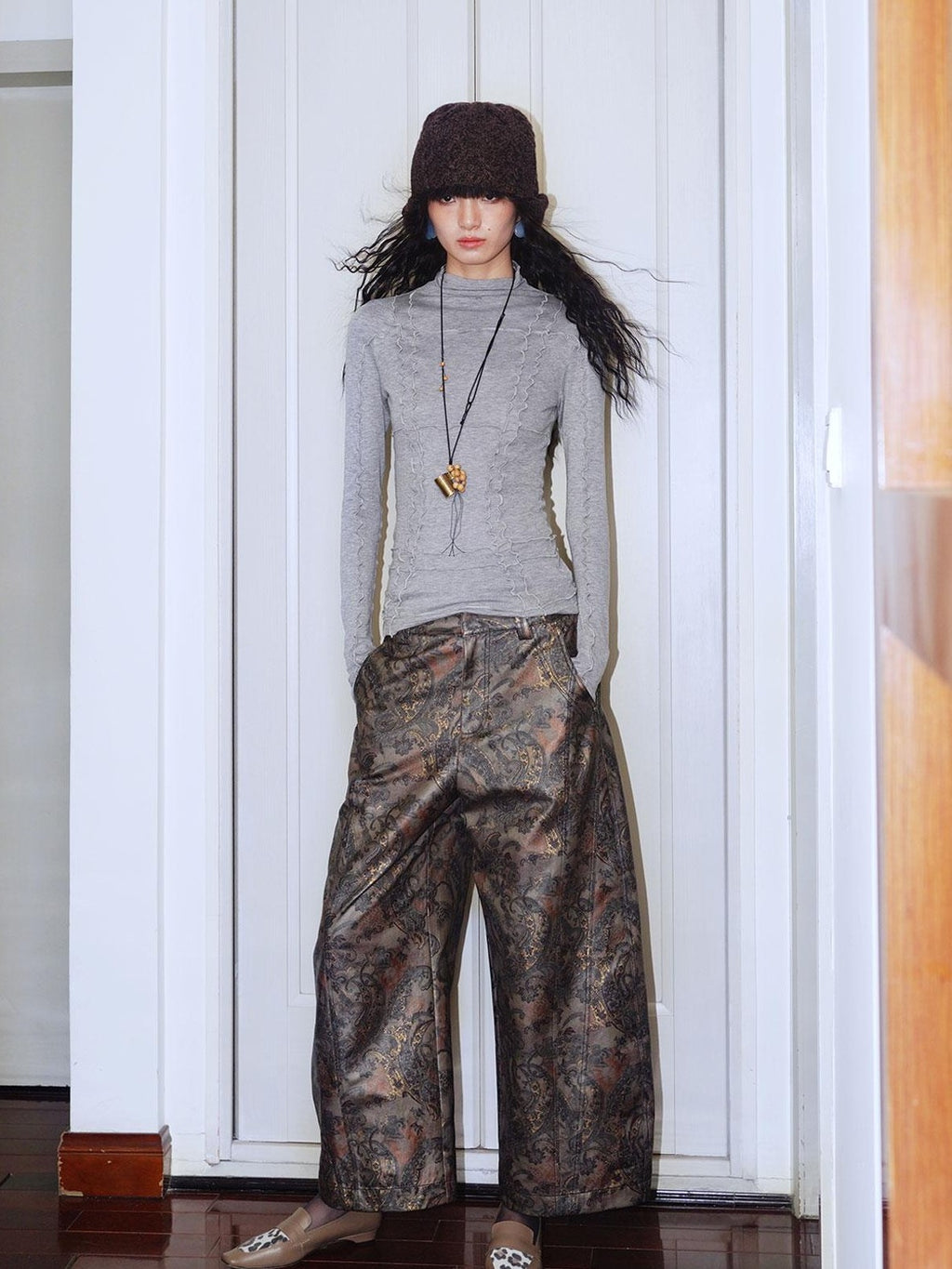 badtaste Western Paneled Knit Split Seam Design Women's Tencel Wool Long Sleeve T-shirts