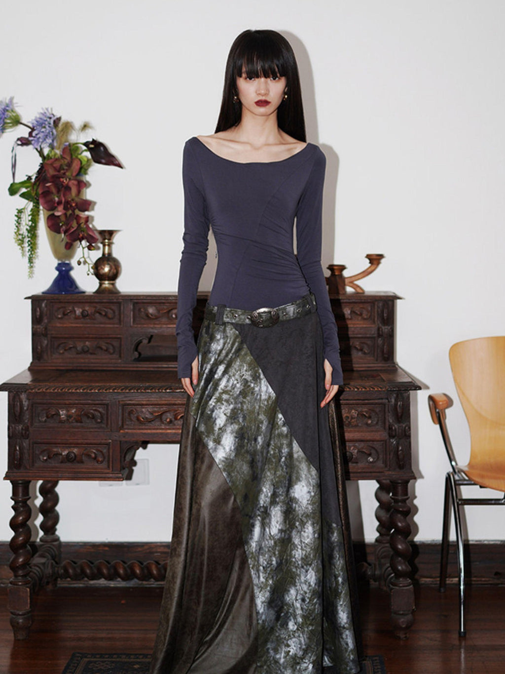 badtaste Western Patch Leather Fake Two Piece Aline Women's Casual Maxi Dresses