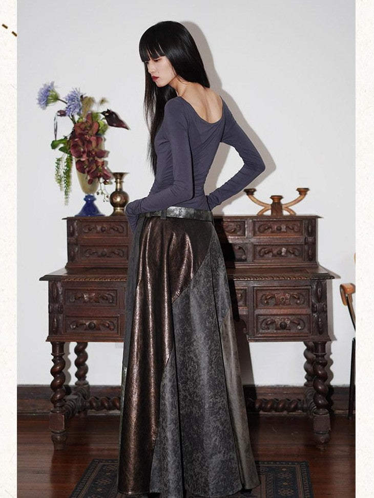 badtaste Western Patch Leather Fake Two Piece Aline Women's Casual Maxi Dresses