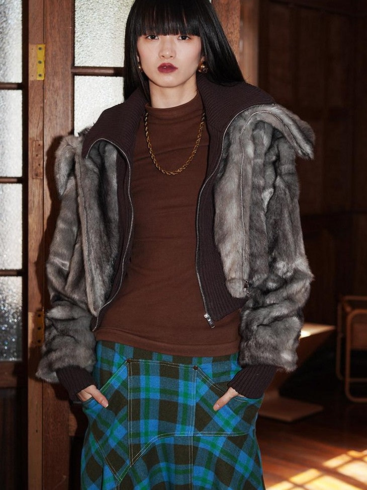 badtaste Western Patchwork Faux Two Piece Cropped Women's Faux Fur Coats