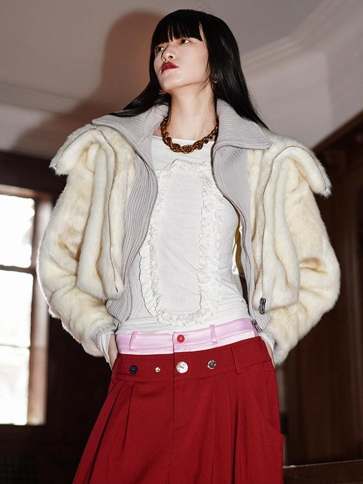 badtaste Western Patchwork Faux Two Piece Cropped Women's Faux Fur Coats