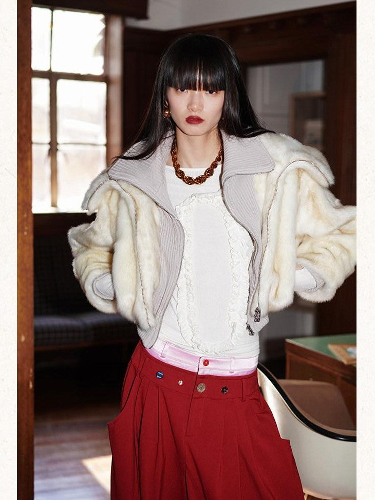 badtaste Western Patchwork Faux Two Piece Cropped Women's Faux Fur Coats