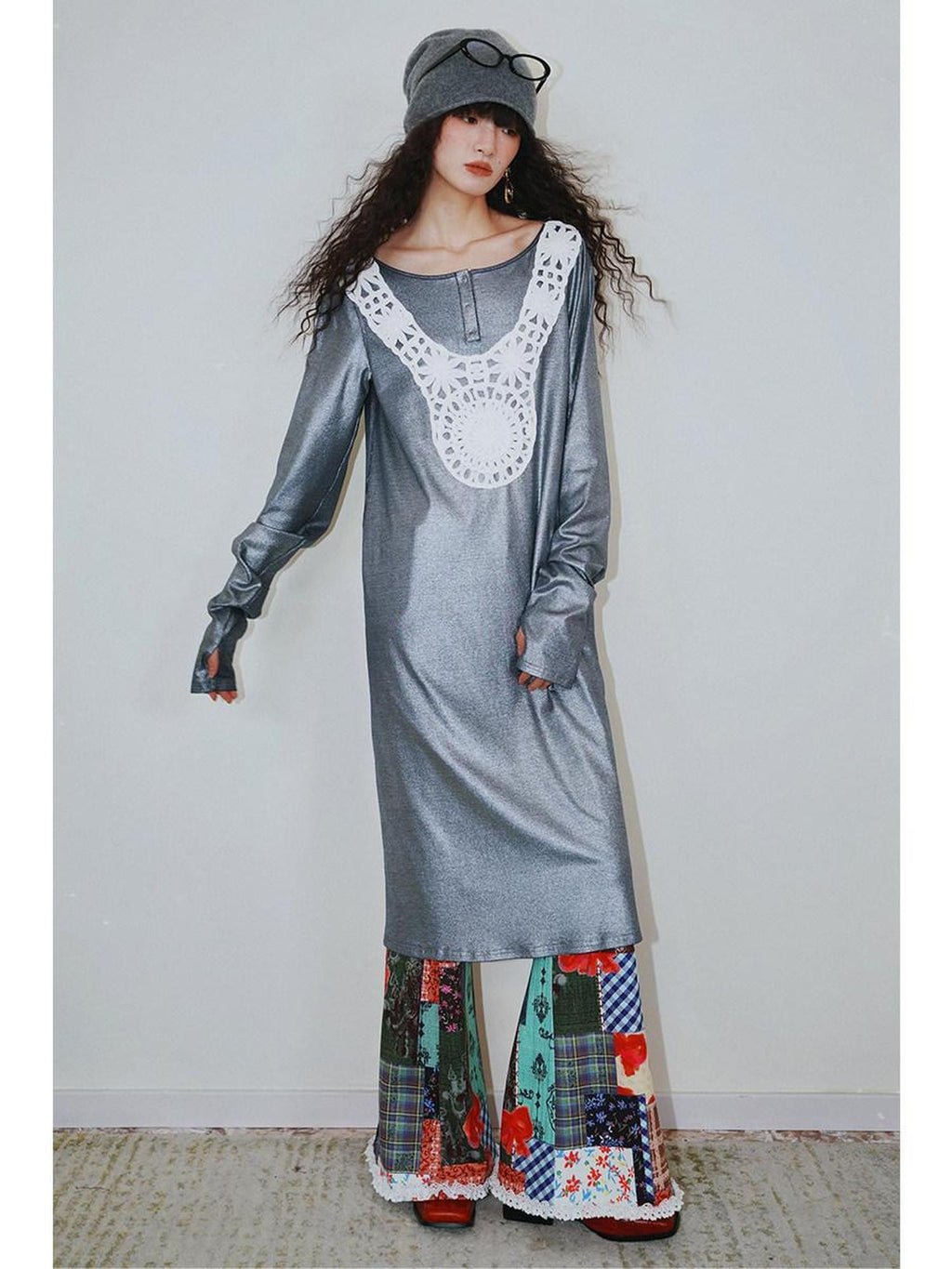 badtaste Western Patchwork Lace Loose Long Sleeve Women's Silver Foil Casual Maxi Dresses