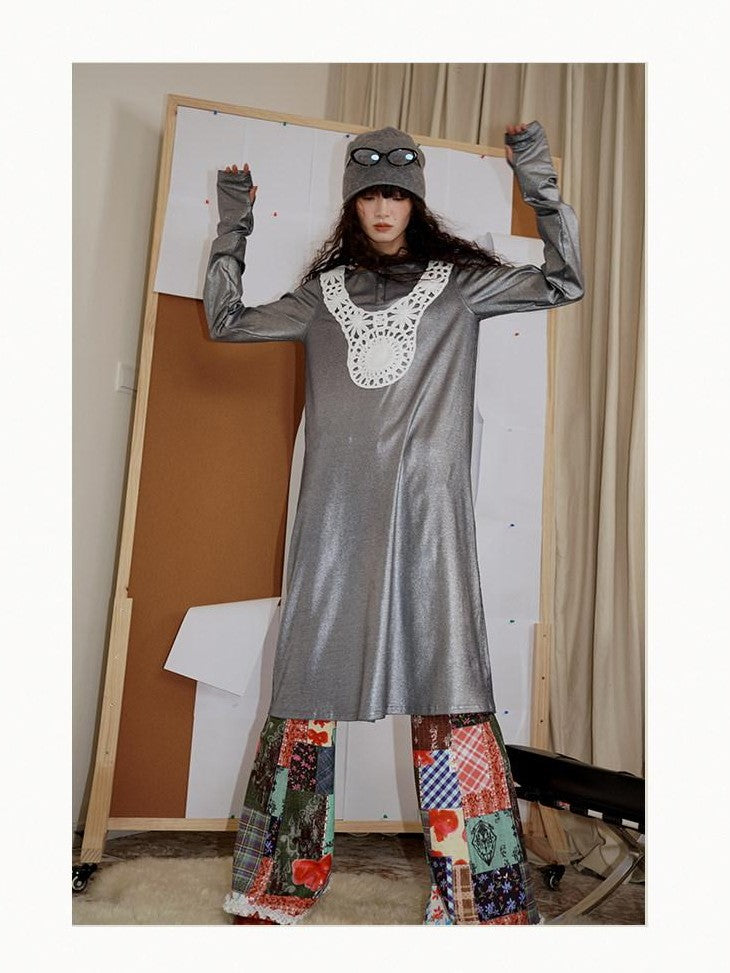 badtaste Western Patchwork Lace Loose Long Sleeve Women's Silver Foil Casual Maxi Dresses