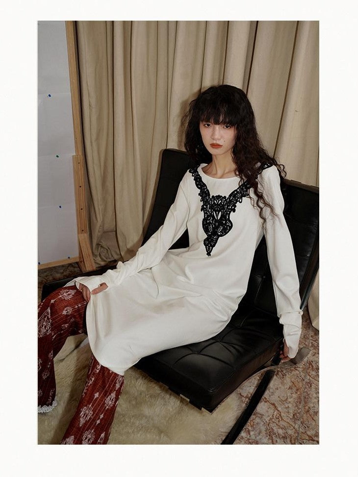 badtaste Western Patchwork Lace Loose Long Sleeve Women's Silver Foil Casual Maxi Dresses