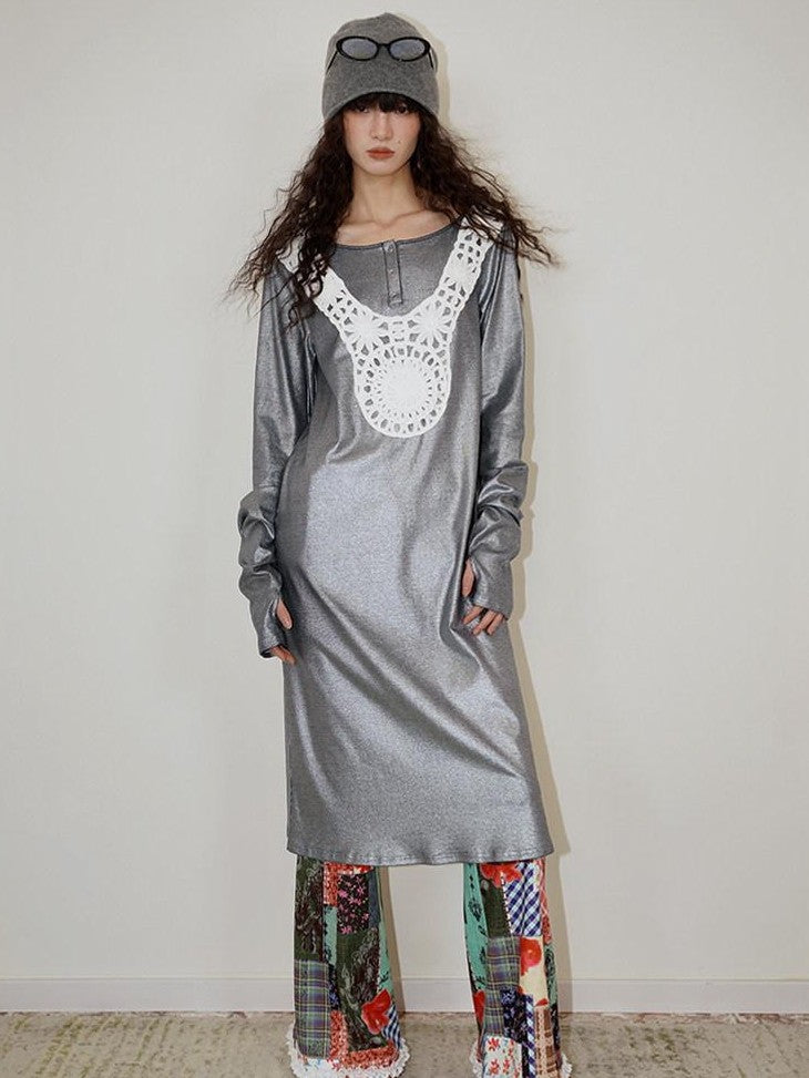 badtaste Western Patchwork Lace Loose Long Sleeve Women's Silver Foil Casual Maxi Dresses