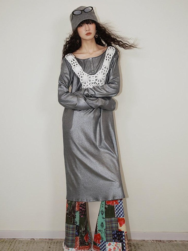 badtaste Western Patchwork Lace Loose Long Sleeve Women's Silver Foil Casual Maxi Dresses
