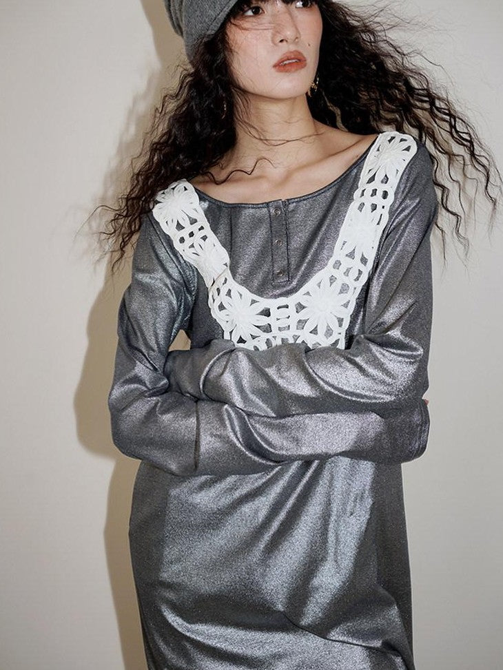 badtaste Western Patchwork Lace Loose Long Sleeve Women's Silver Foil Casual Maxi Dresses