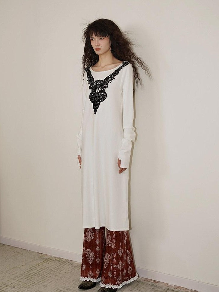 badtaste Western Patchwork Lace Loose Long Sleeve Women's Silver Foil Casual Maxi Dresses