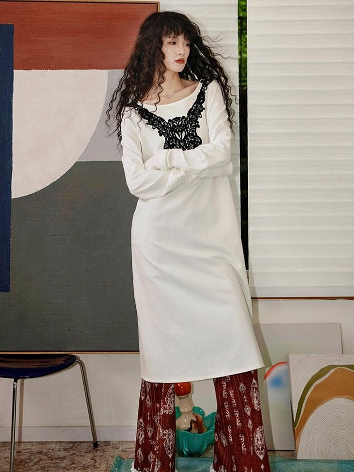 badtaste Western Patchwork Lace Loose Long Sleeve Women's Silver Foil Casual Maxi Dresses
