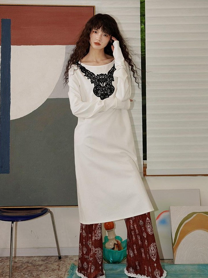 badtaste Western Patchwork Lace Loose Long Sleeve Women's Silver Foil Casual Maxi Dresses