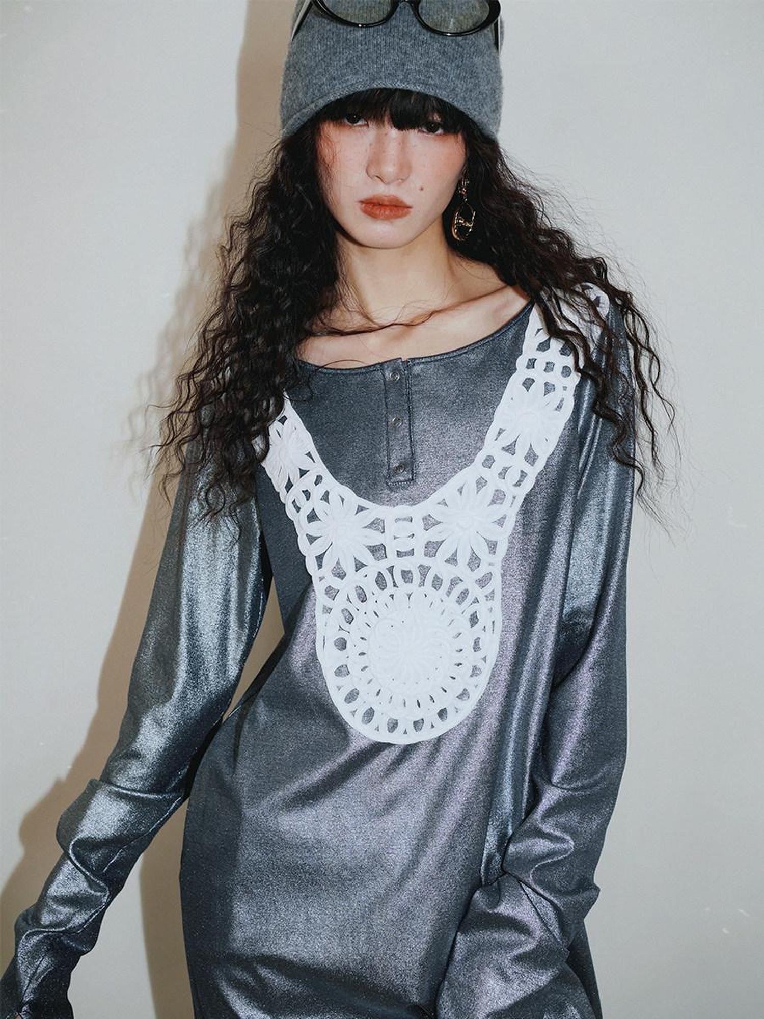 badtaste Western Patchwork Lace Loose Long Sleeve Women's Silver Foil Casual Maxi Dresses