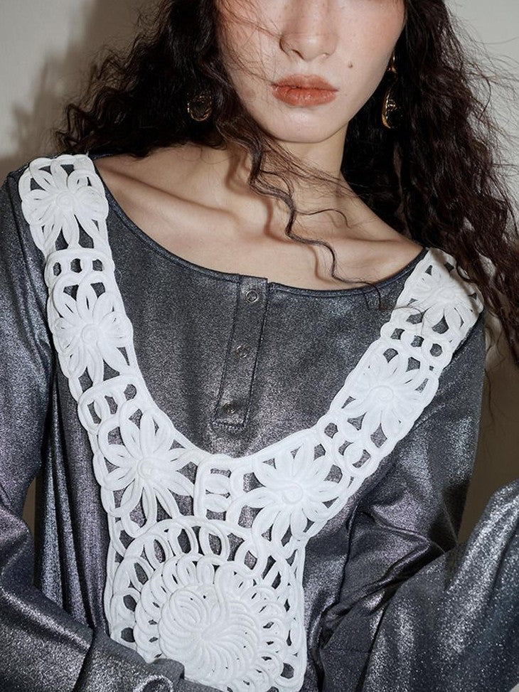 badtaste Western Patchwork Lace Loose Long Sleeve Women's Silver Foil Casual Maxi Dresses