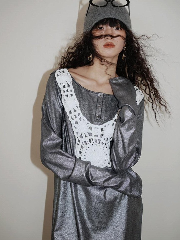 badtaste Western Patchwork Lace Loose Long Sleeve Women's Silver Foil Casual Maxi Dresses