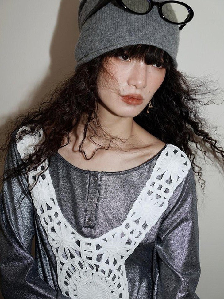badtaste Western Patchwork Lace Loose Long Sleeve Women's Silver Foil Casual Maxi Dresses