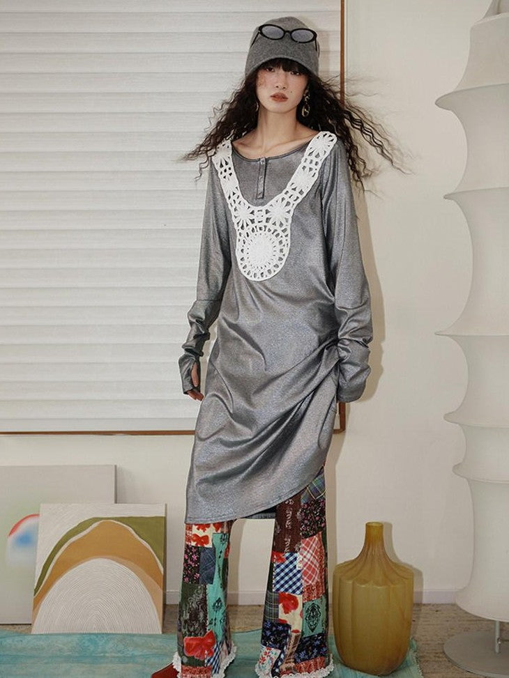 badtaste Western Patchwork Lace Loose Long Sleeve Women's Silver Foil Casual Maxi Dresses