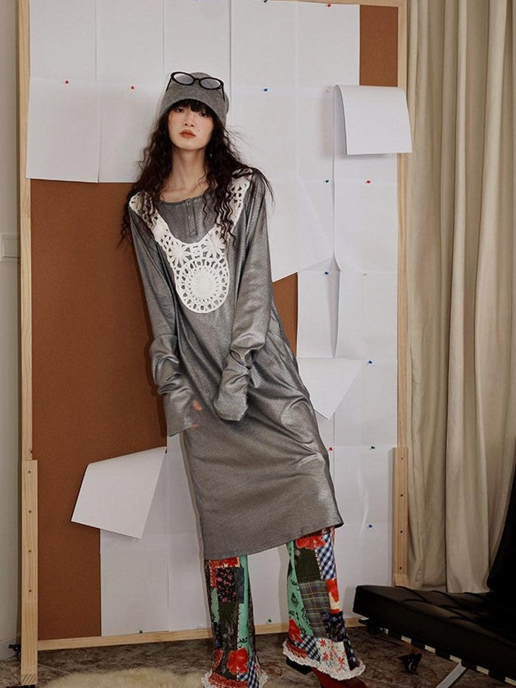 badtaste Western Patchwork Lace Loose Long Sleeve Women's Silver Foil Casual Maxi Dresses
