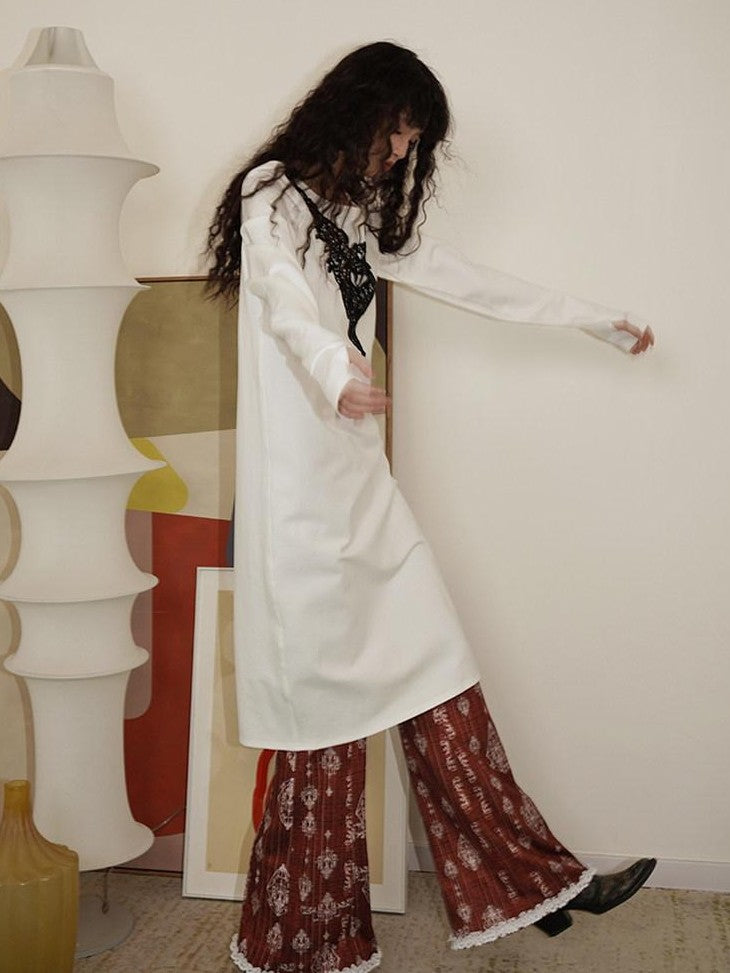 badtaste Western Patchwork Lace Loose Long Sleeve Women's Silver Foil Casual Maxi Dresses