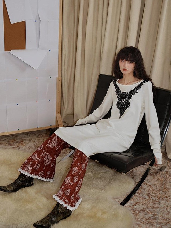 badtaste Western Patchwork Lace Loose Long Sleeve Women's Silver Foil Casual Maxi Dresses