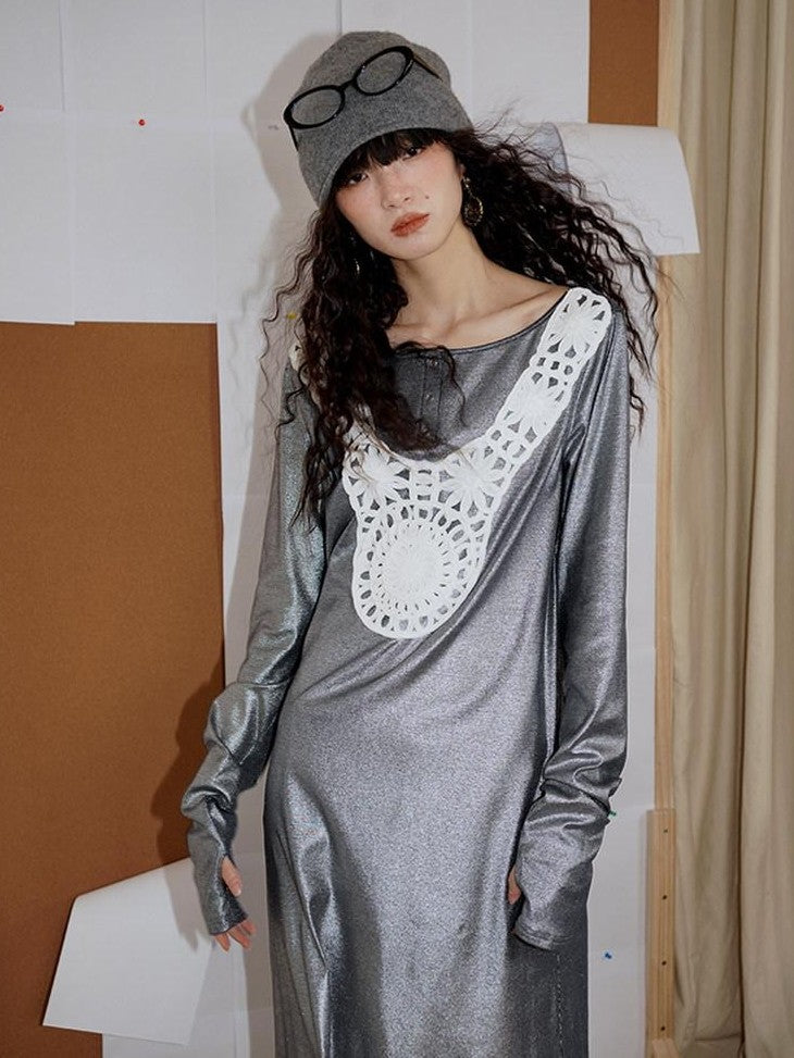 badtaste Western Patchwork Lace Loose Long Sleeve Women's Silver Foil Casual Maxi Dresses