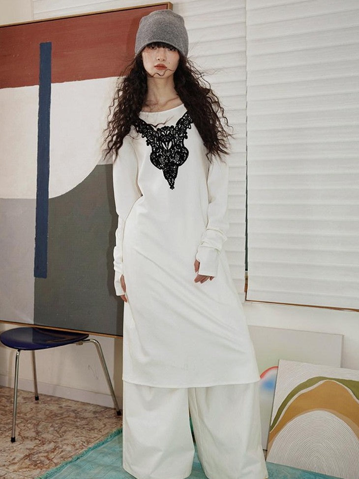 badtaste Western Patchwork Lace Loose Long Sleeve Women's Silver Foil Casual Maxi Dresses