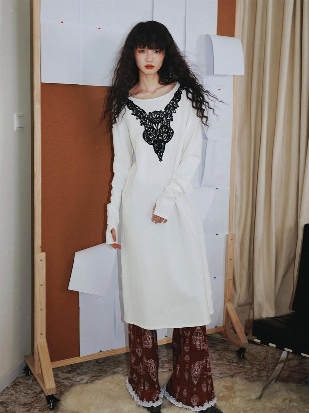 badtaste Western Patchwork Lace Loose Long Sleeve Women's Silver Foil Casual Maxi Dresses
