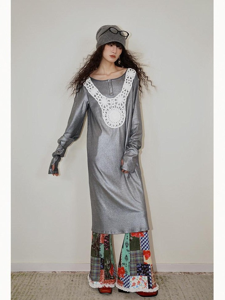 badtaste Western Patchwork Lace Loose Long Sleeve Women's Silver Foil Casual Maxi Dresses