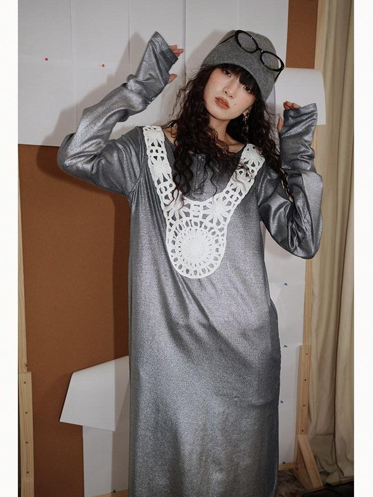 badtaste Western Patchwork Lace Loose Long Sleeve Women's Silver Foil Casual Maxi Dresses