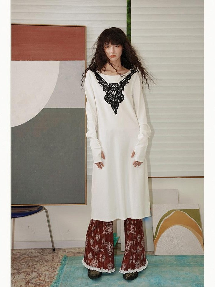 badtaste Western Patchwork Lace Loose Long Sleeve Women's Silver Foil Casual Maxi Dresses