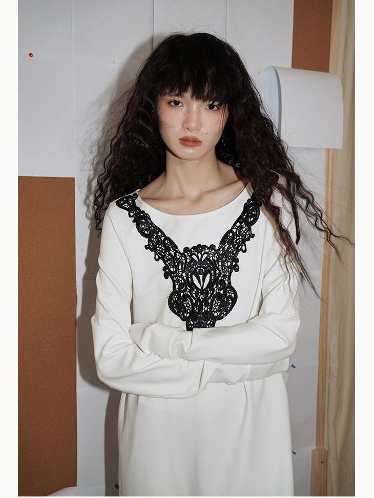 badtaste Western Patchwork Lace Loose Long Sleeve Women's Silver Foil Casual Maxi Dresses