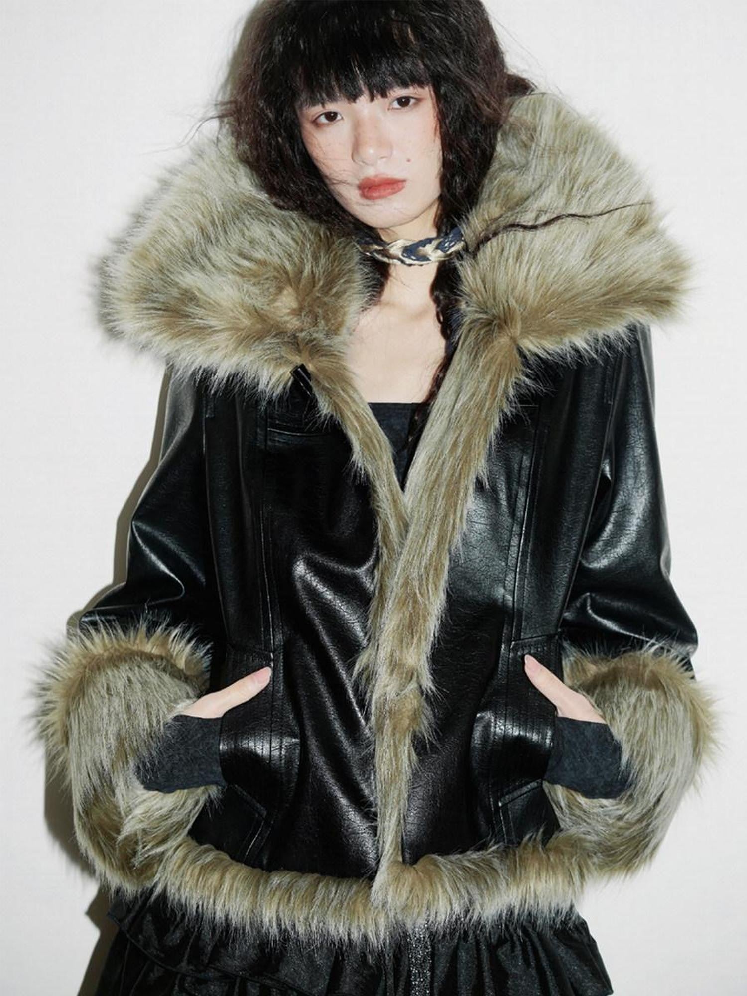 badtaste Western Patchwork Textured Fur Collar Women's Other Material Leather Jackets
