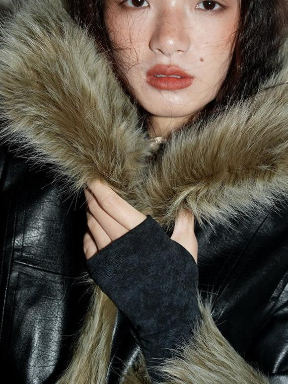 badtaste Western Patchwork Textured Fur Collar Women's Other Material Leather Jackets