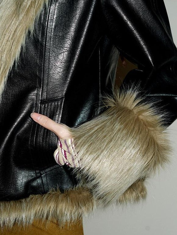 badtaste Western Patchwork Textured Fur Collar Women's Other Material Leather Jackets