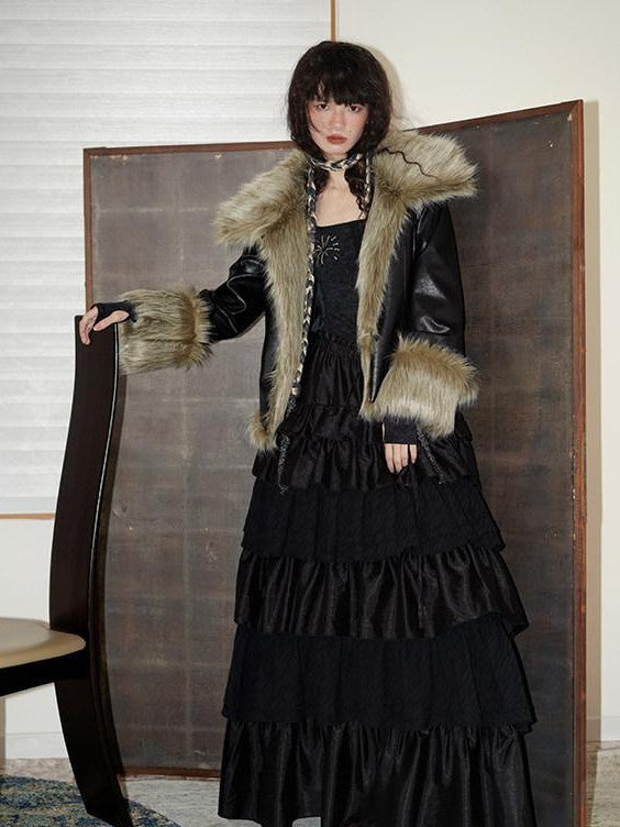 badtaste Western Patchwork Textured Fur Collar Women's Other Material Leather Jackets