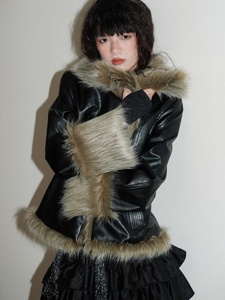 badtaste Western Patchwork Textured Fur Collar Women's Other Material Leather Jackets