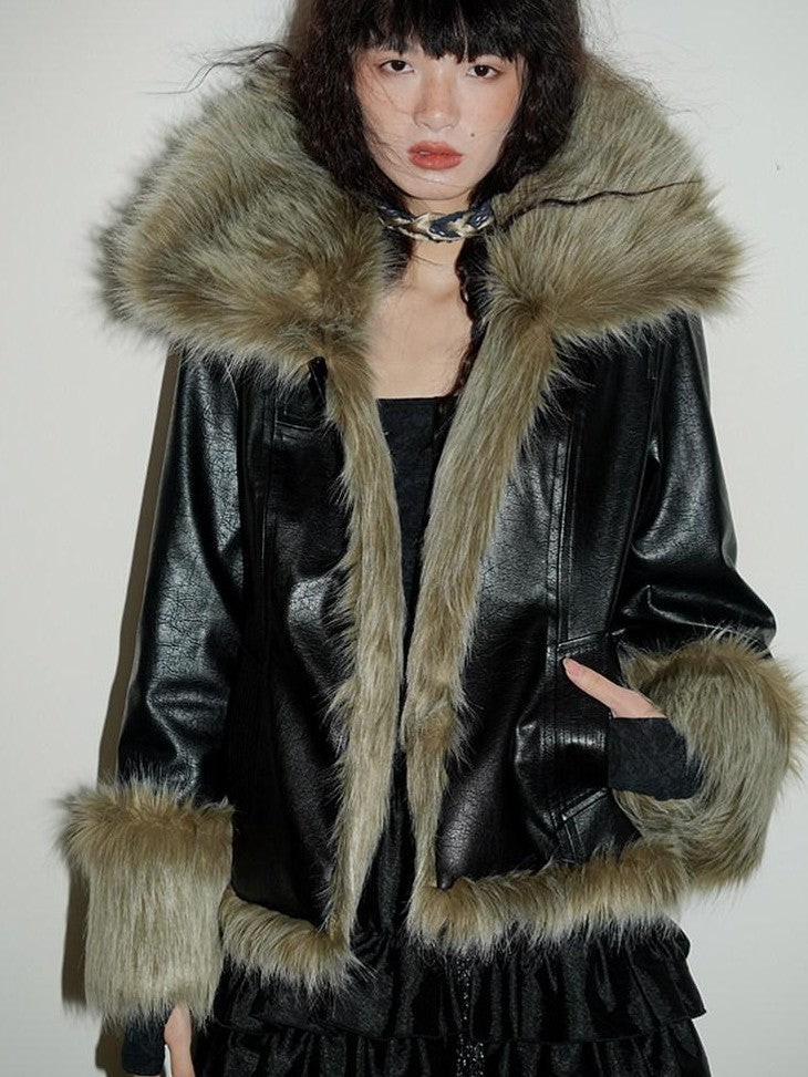 badtaste Western Patchwork Textured Fur Collar Women's Other Material Leather Jackets
