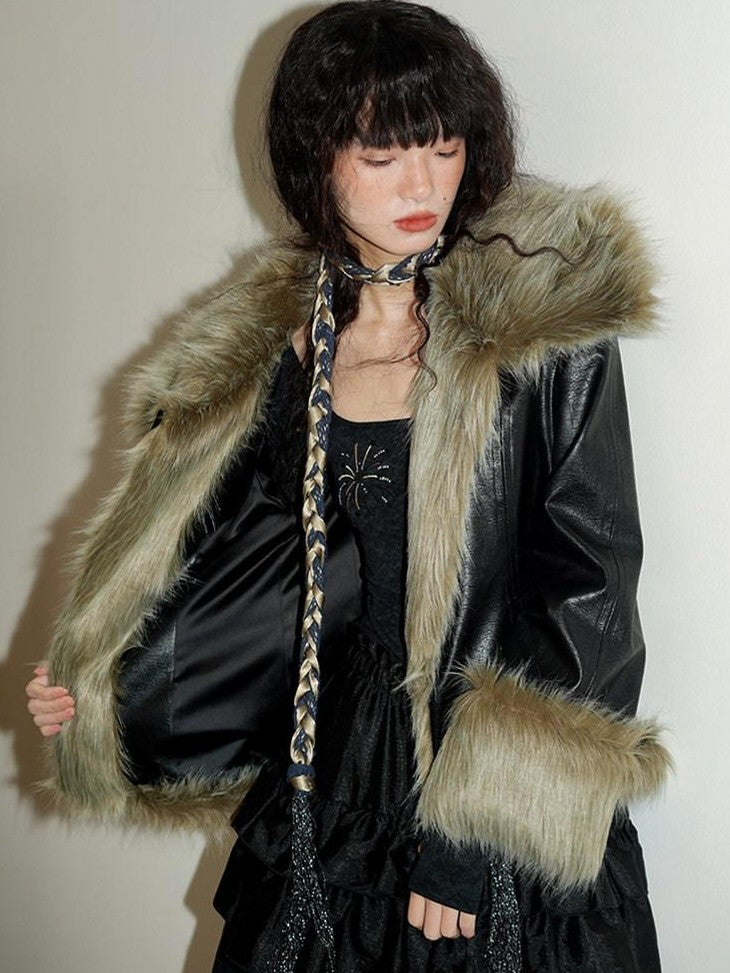 badtaste Western Patchwork Textured Fur Collar Women's Other Material Leather Jackets