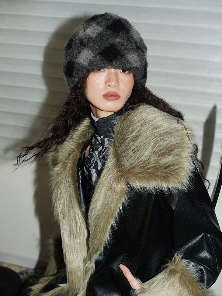 badtaste Western Patchwork Textured Fur Collar Women's Other Material Leather Jackets