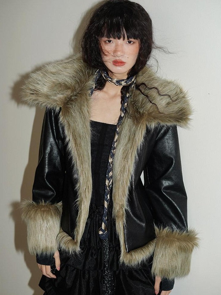 badtaste Western Patchwork Textured Fur Collar Women's Other Material Leather Jackets