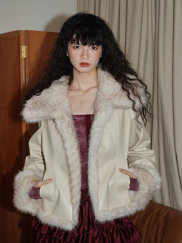 badtaste Western Patchwork Textured Fur Collar Women's Other Material Leather Jackets